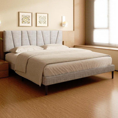 Queen Size Bed Frame, Linen Upholstered Platform Bed with Headboard, Strong Wood