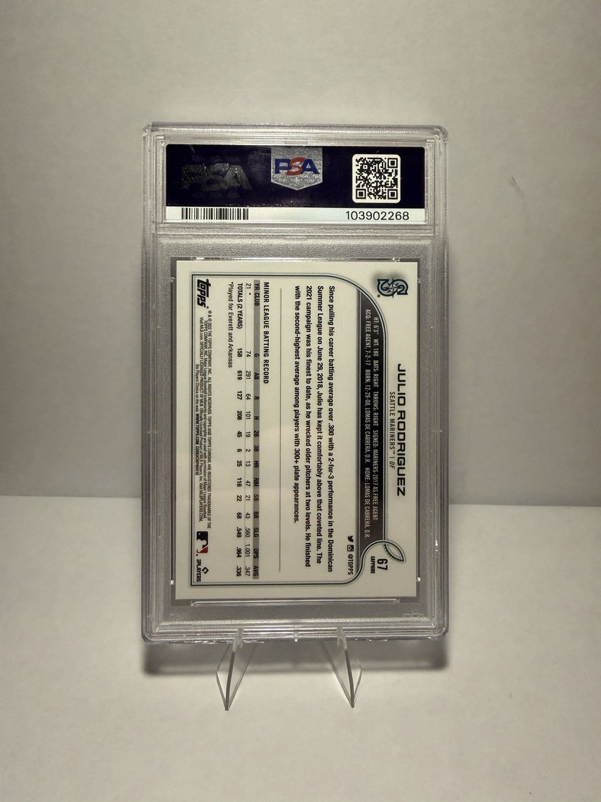 2022 Topps Chrome Sapphire Edition Julio Rodriguez #67 Psa 10 view 2