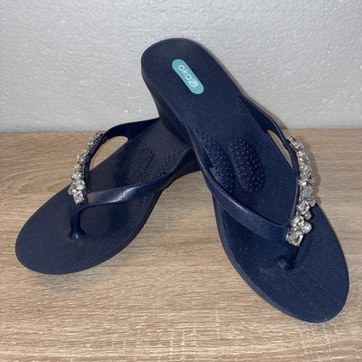 Oka-B Womens Wedge Sandals Size ML 8.5 To 9.5 Jewels Gemstones Navy Made in USA
