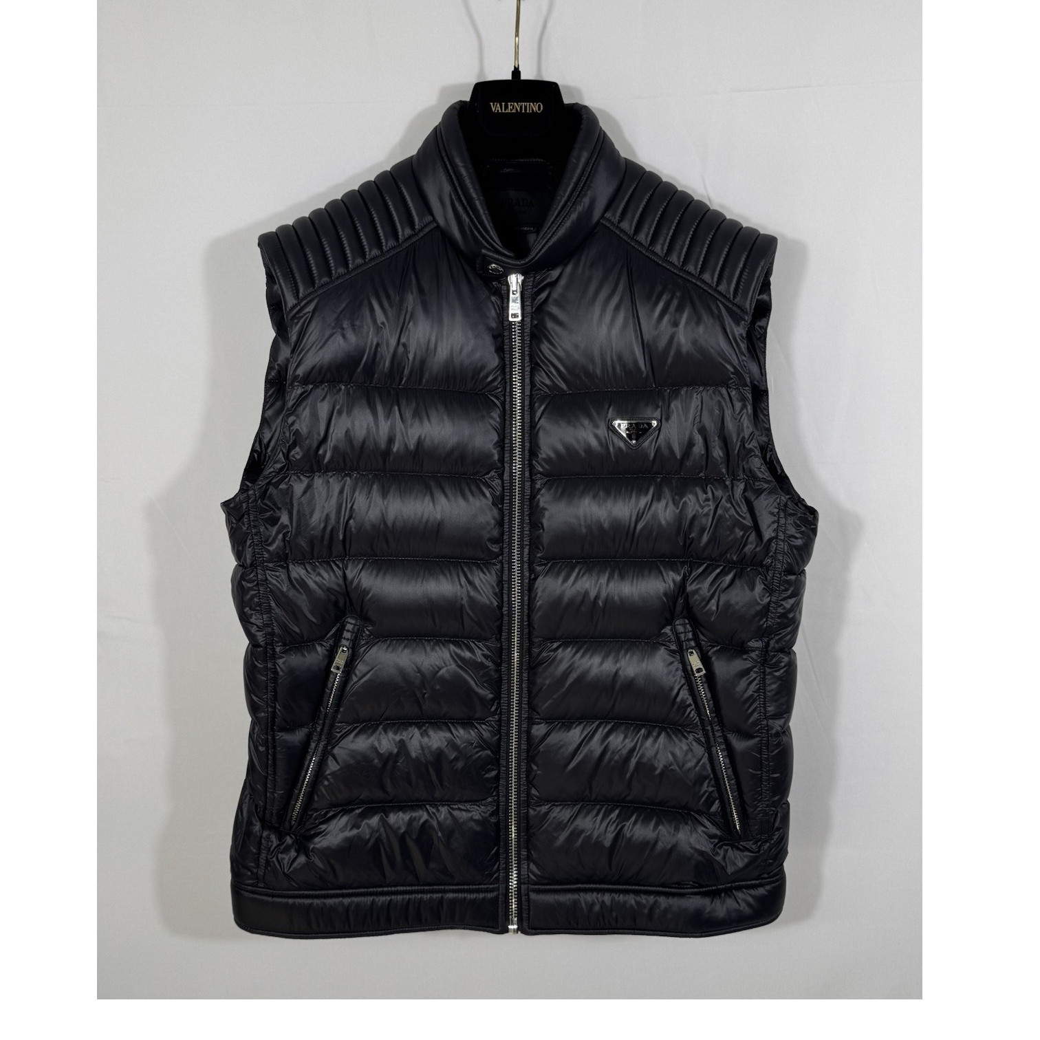 PRADA Black Quilted Puffer Down Vest for Men Size 54 Zip Logo Accents