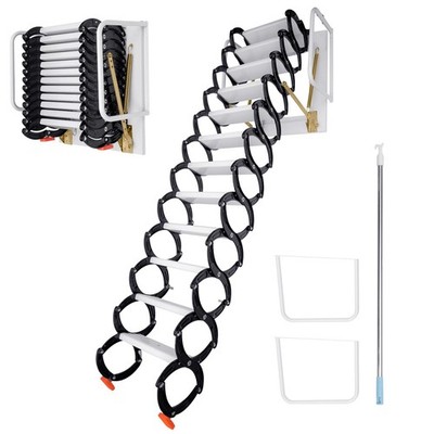 BJTDLLX 12FT Attic Ladder Pull Down System, 12 Steps Wall Mounted Black 