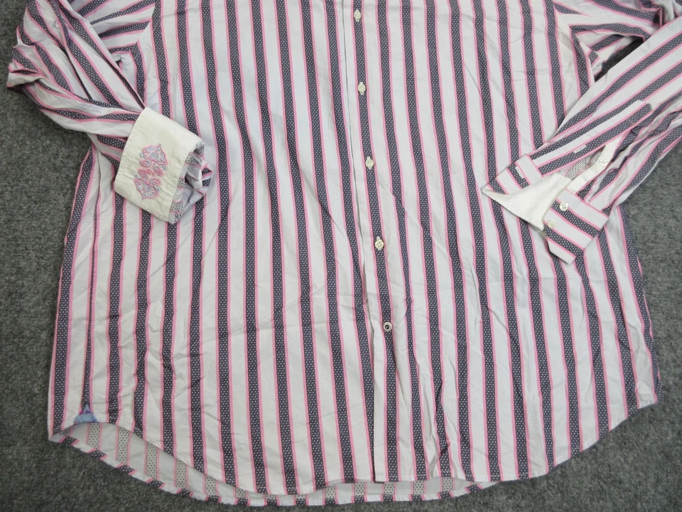 Camisa Robert Graham Para Hombre XL 18 Blanca Rosa Azul Marino Rayas Bordada Puño Abatible Foto 2 de 4