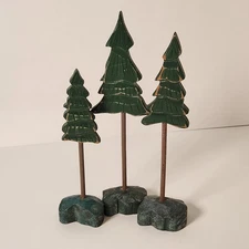 Wood Tabletop Pine Trees Rustic Primitive Style Carved Set of 3