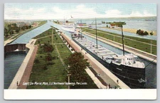 Birdseye View Entering Soo Locks Cargo Ship Sault Ste Marie MI Postcard AJ21