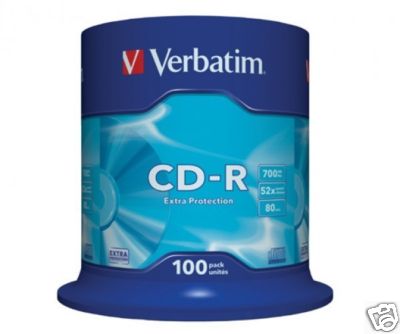 100 Verbatim Rohlinge CD-R Extra Protection 80Min 700MB 52x Spindel