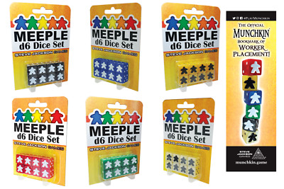 Meeple d6 Dice Set + Worker Placement Bookmark Black Blue Yellow Red Green White
