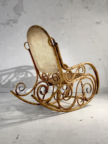 1950 FAUTEUIL ROCKING-CHAIR ART-DECO MODERNISTE SHABBY-CHIC Bambou Adnet Thonet - Picture 4 of 12
