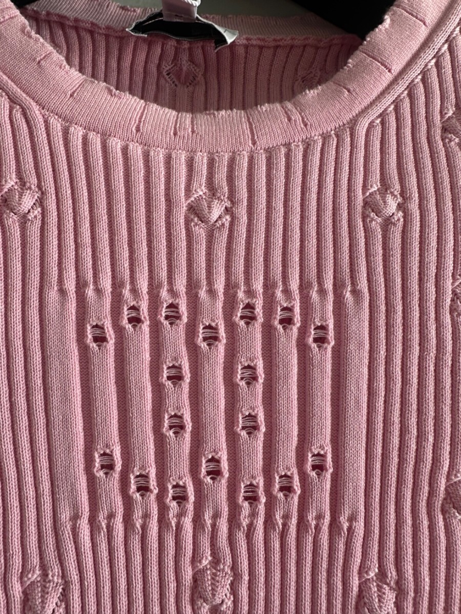 New CHANEL 25P BIG CC LOGO Pink Short Sleeve Pearls Top T Shirt 36