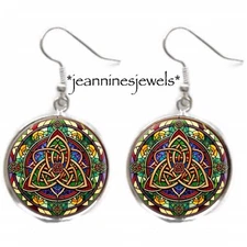 Celtic Triquetra Earrings Faux Stained Glass Art Print Irish Silver Charm Dangle