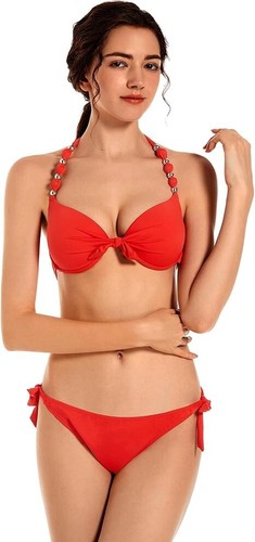 EONAR Damen Push Um Bikini Neckholder Bikiniset Bademode Gr. M ROT - Bild 2 von 4