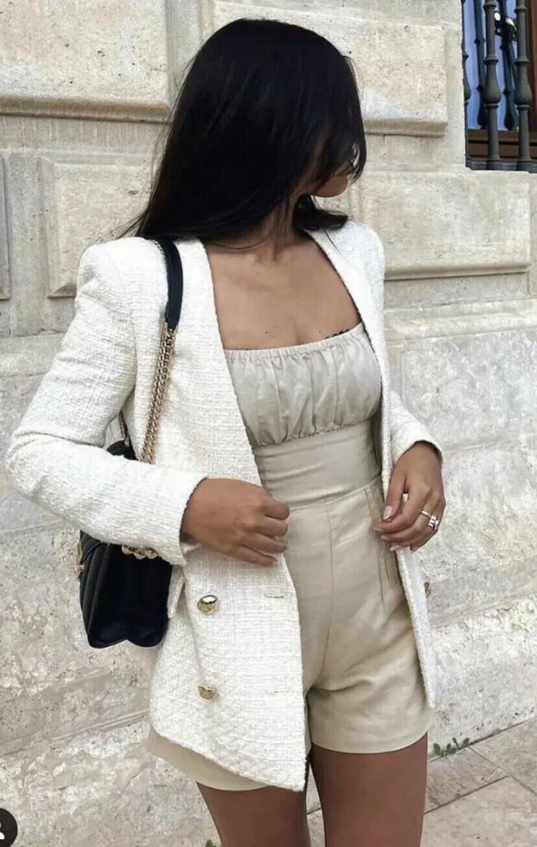 RARE ZARA TEXTURED DOUBLE BREASTED CREAM JACKET BLAZER GOLD BUTTONS SMALL S NEW