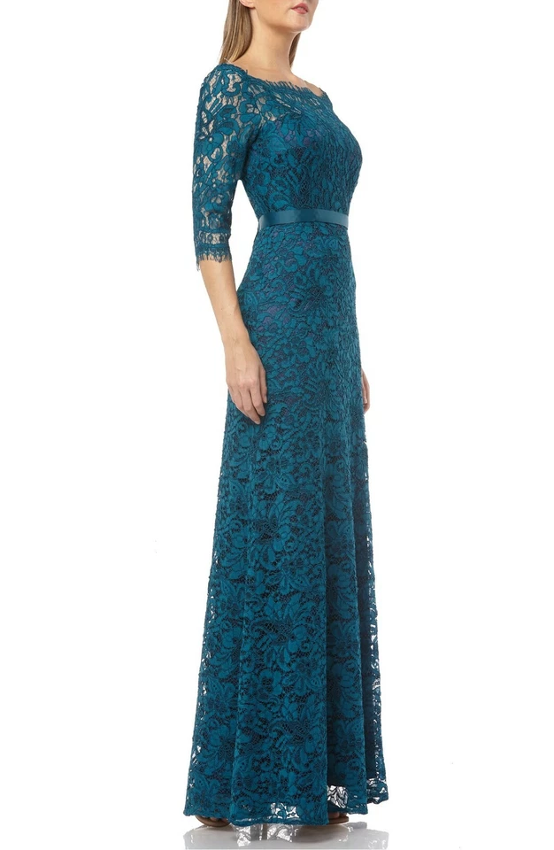 JS COLLECTIONS Turquoise Navy Teal Lace Sheer Sleeve Yoke Mermaid Maxi Gown 14 - Image 3 of 4