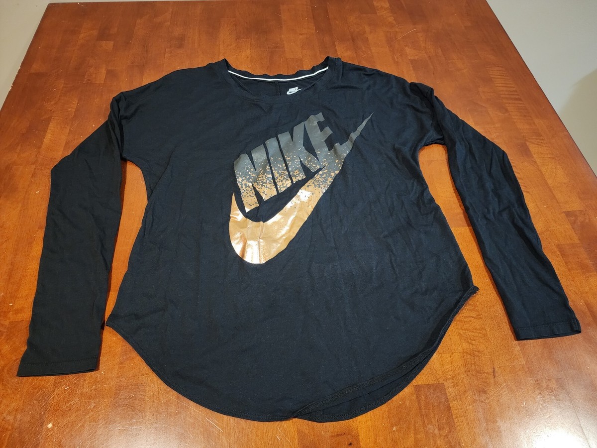 Nike Sportswear Shirt Womens Size Small Black Rose Gold Logo Long