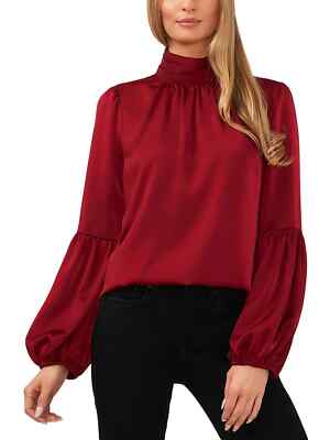 CeCe Mock Neck Blouson Sleeve Blouse Women's L  Mulberry Red Button Closure L/S~