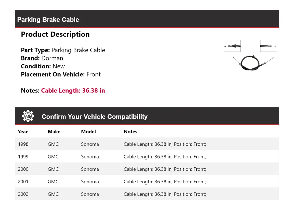 Cabo de freio de estacionamento dianteiro 1999 2000 2001 para 1998-2002 GMC Sonoma Dorman - Imagem 2 de 4
