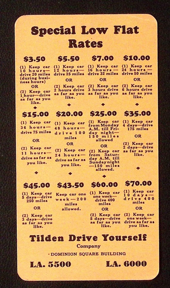 Vintage Tilden Drive Yourself Car Rental & Mileage Rate Card LOS