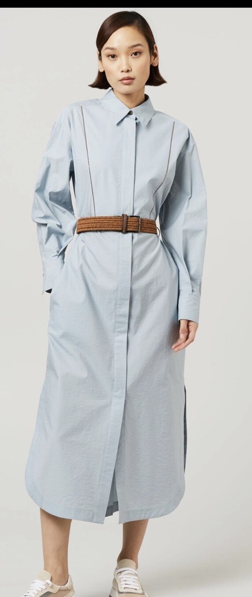 【BRUNELLO CUCINELLI】COTTON BELTED DRESS Brunello Cucinelli Belted cotton-blend shirt dress Blue Sz L