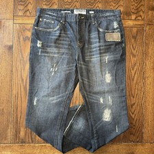 Ecko Unltd Straight Jeans Mens 41x31 Blue Distressed Camo Patch Hip Hop Y2K
