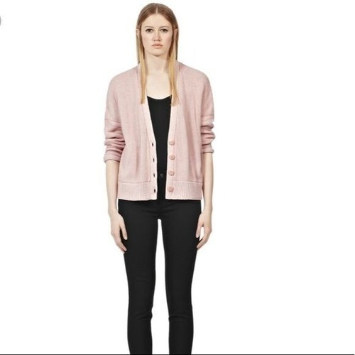 Reiss Size S Quinie Mesh Covered Chunky Knit Cardigan Sweater Blush Pink Pockets - Picture 2 of 7