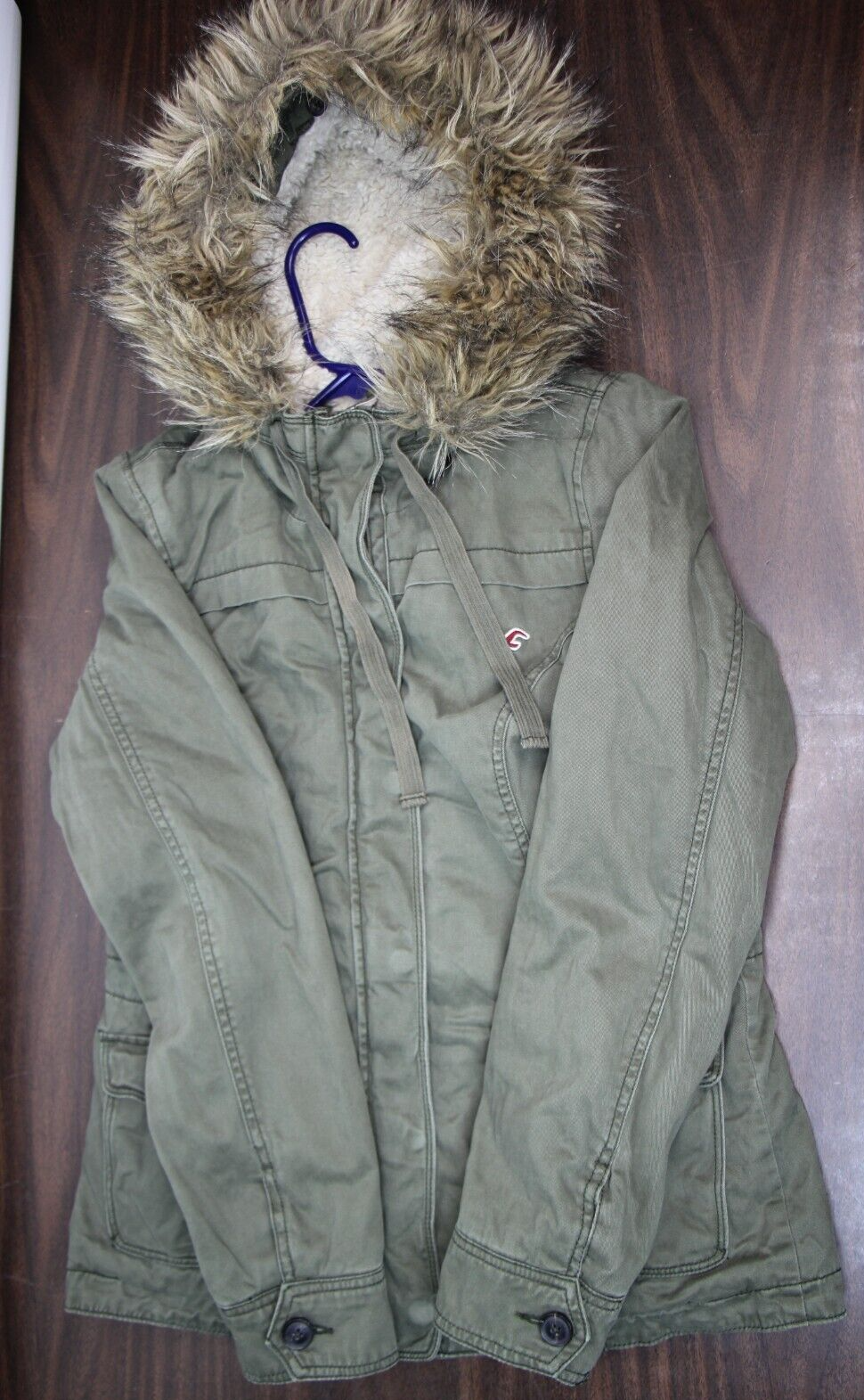 Women's Hollister Fur Lined Olive Green Parka Hood Jacket Full Zip Button  Size M
