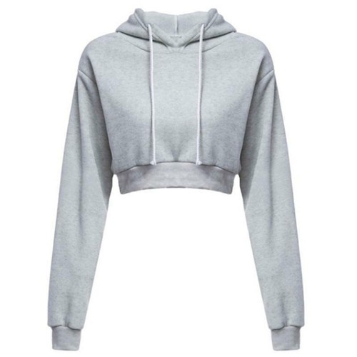 Womens Plain Crop Tops Pullover Hooded 