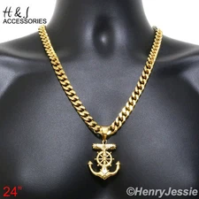24"MEN Stainless Steel 9mm Gold Plated Cuban Curb Chain Anchor Cross Pendant*P58