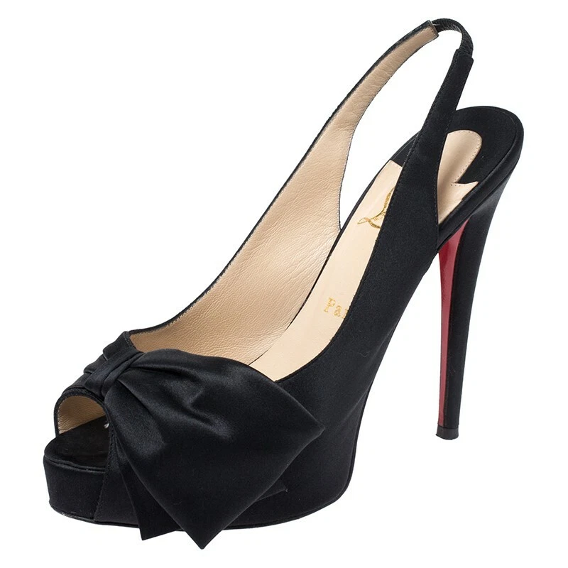 Louboutin Black Satin Bow Slingback Platform Sandals Size 37.5 | eBay