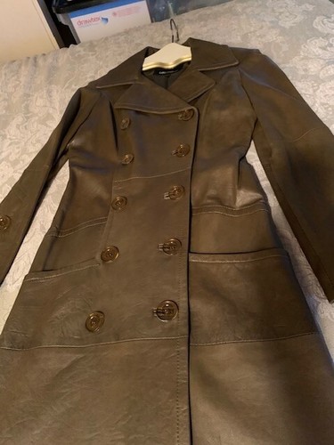 Olive leather coat designer Bod & Christensen Fitted double breasted Size M - Picture 5 of 10