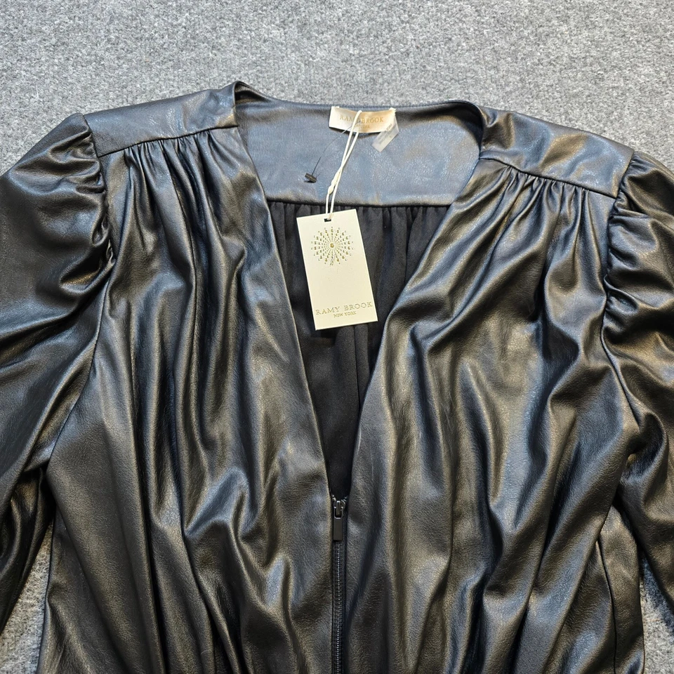 Mameluco Ramy Brook para mujer talla 8 negro cuero vegano Ines manga abullonada cóctel Foto 2 de 4