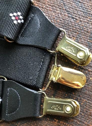 VTG PELICAN USA BLACK WHITE RED DIAMONDS SUSPENDERS BRACES CLIPS BRASS EUC CLEAN - Picture 8 of 10