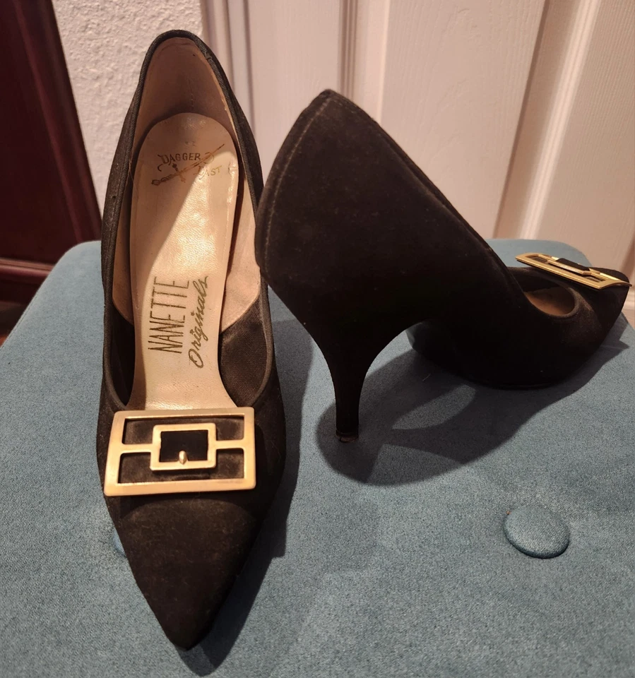 Tacones de tacón de gamuza negros vintage de los años 50 de Nanette Originals talla 6,5 - 7N Foto 2 de 4
