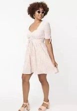 Unique Vintage Small Dress Smak Parlour Pocket Gingham Eyelet Stretch Flare Pink