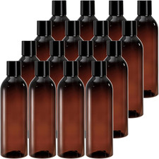 16 Pack 8 ounce Amber Empty Plastic Bottles with Disc Top Flip Cap; BPA-Free Ref