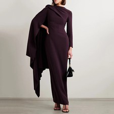 Plum Evening Dress for Women O Neck Cloak Sleeve Column Evening Gowns Maxi Ankle
