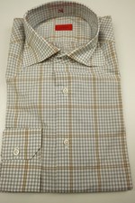 Isaia White Caramel Gray Plaid Long Sleeve Cotton Dress Shirt 15.5/39 NEW