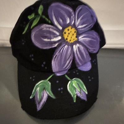 Handmade Black Baseball Cap Hat Hand-Painted Purple Flower Design
