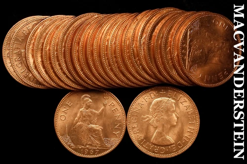 Roll of 25 Uncirculated 1967 Great Britain One Penny Coins - No Reserve  #ROL