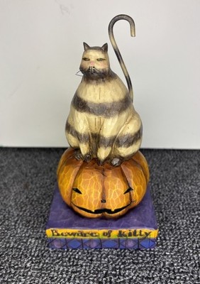 Jim Shore Heartwood Creek Beware Of Kitty Figurine Cat on Pumpkin Enesco 118100