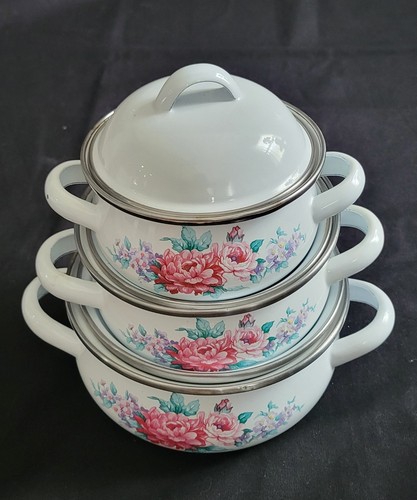 8 Pc Vtg Enamelware Cooking Pots Floral 3 Pots 3 Lids & 2 Bowls - Picture 4 of 17
