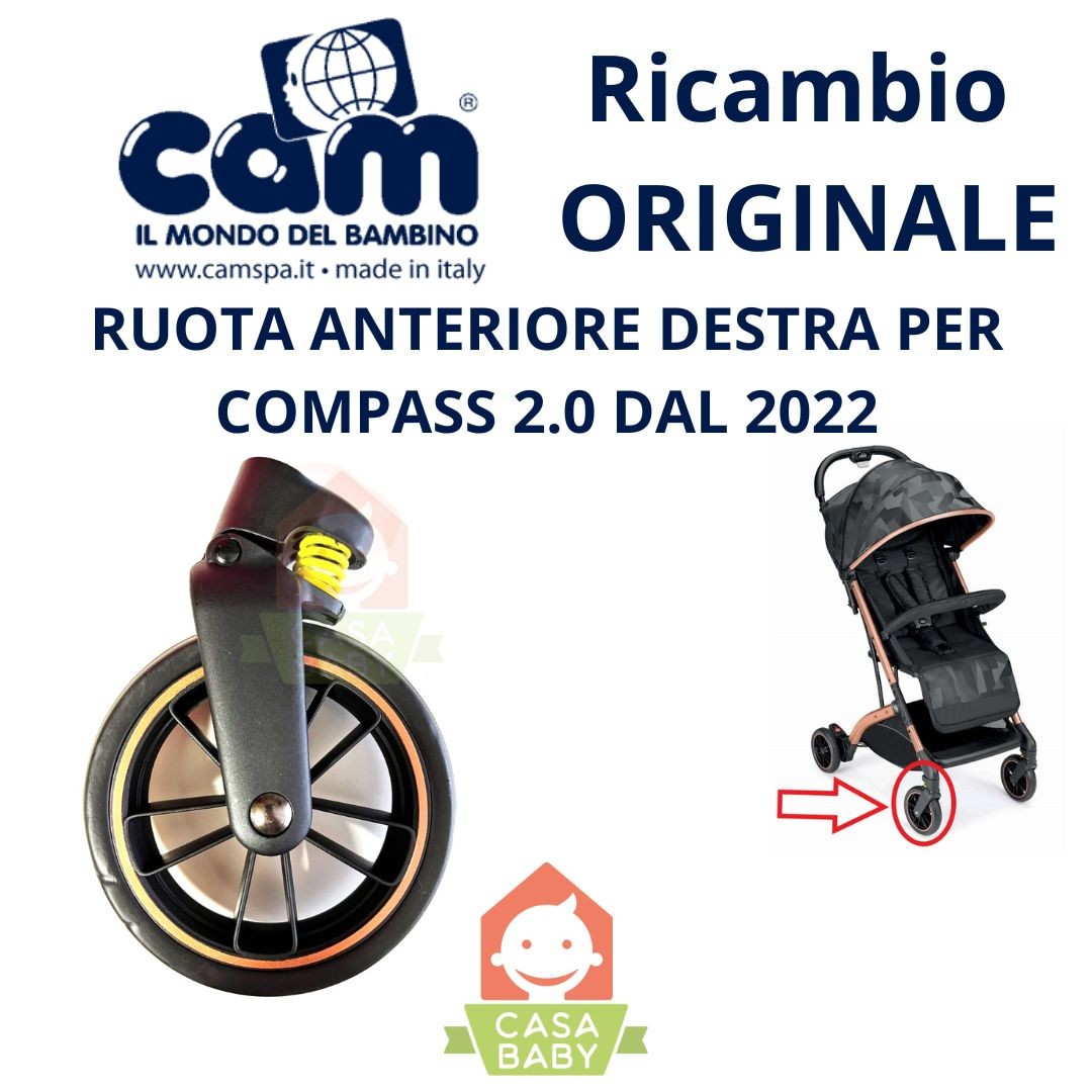 Ruota Anteriore Destra Nero Bronzo Passeggino Compass Ricambio Originale Cam per