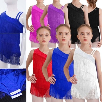 Kids Girls Tassel Salsa Tango Jazz Samba Latin Dance Dress Figure Skating Dress