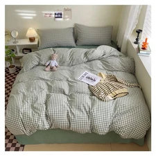 Green Gingham Duvet Cover Set King Size Bedding Set 100% Washed Cotton Modern...