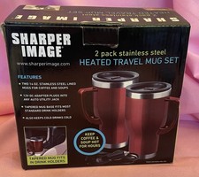 Sharper Image 2 pack 14oz Stainless Steel 12V Heated Travel Coffee Mug Set -Red