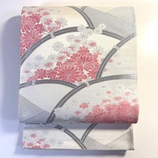 Japanese Fukuro Obi Silk Karaori White Silver Pink Floral Sash 419cm