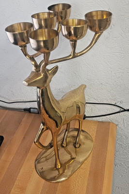 1970s Mid-Century Vintage Polished Brass Deer 13.5'' Candelabra   Holds 6 Candles