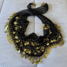 Black Sheer Belly Dance Hip Scarf with Gold Coins and Beads for Women