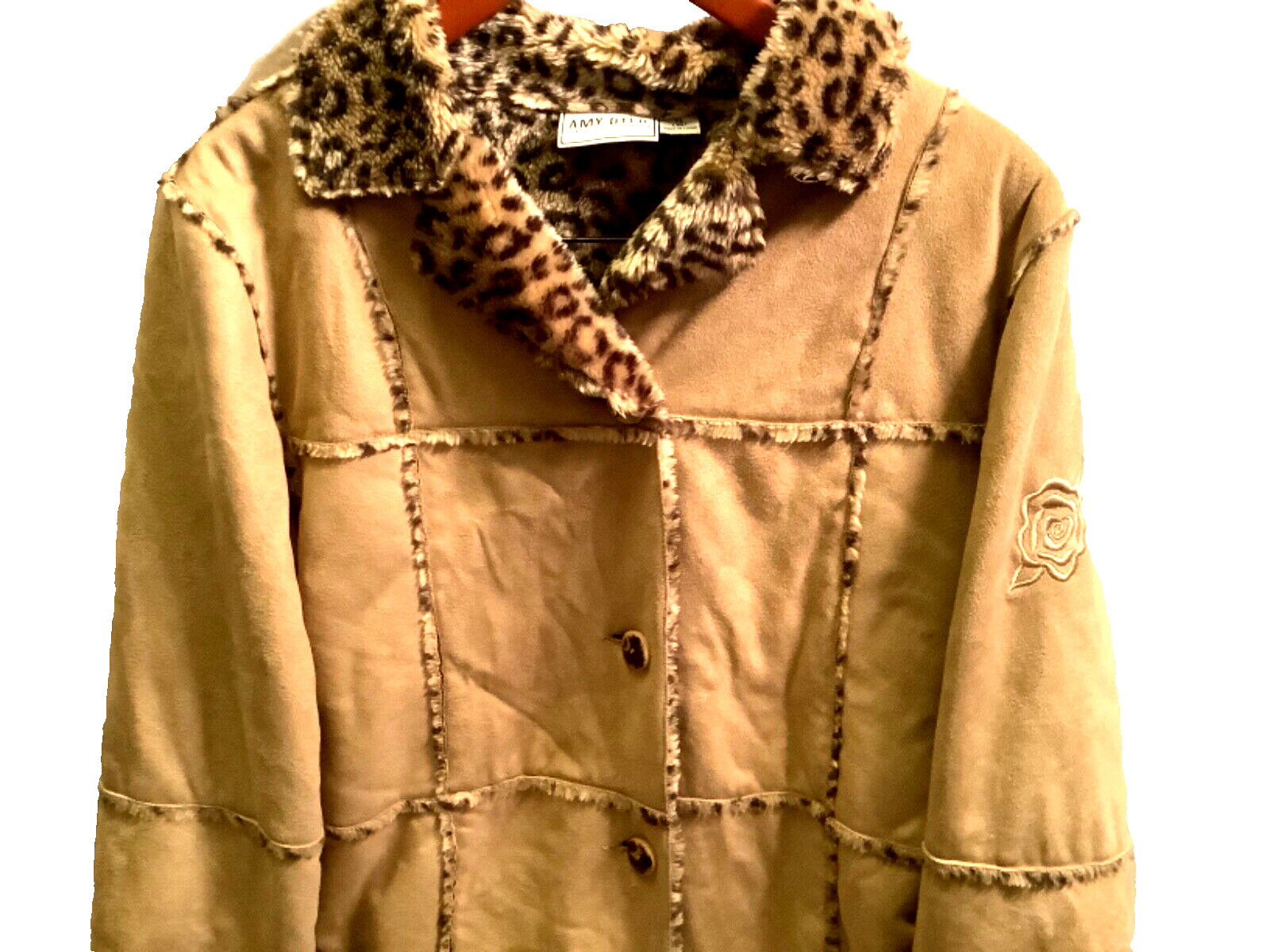 Patchwork Coat W/Embroidery Microsuede Leopard Xl… - image 1