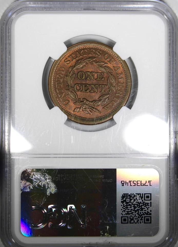 1851 Braided Hair Large Cent NGC MS65RB RED BROWN Gem Quality - Image 2 of 4