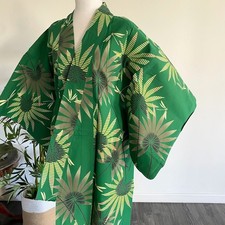 UnUsed  Green Dragonfly LONG Vintage Cotton Japanese Yukata Summer Robe GD