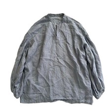 Nest Robe 100 Linen Blue Gathered Sleeve Blouse -Used from Japan